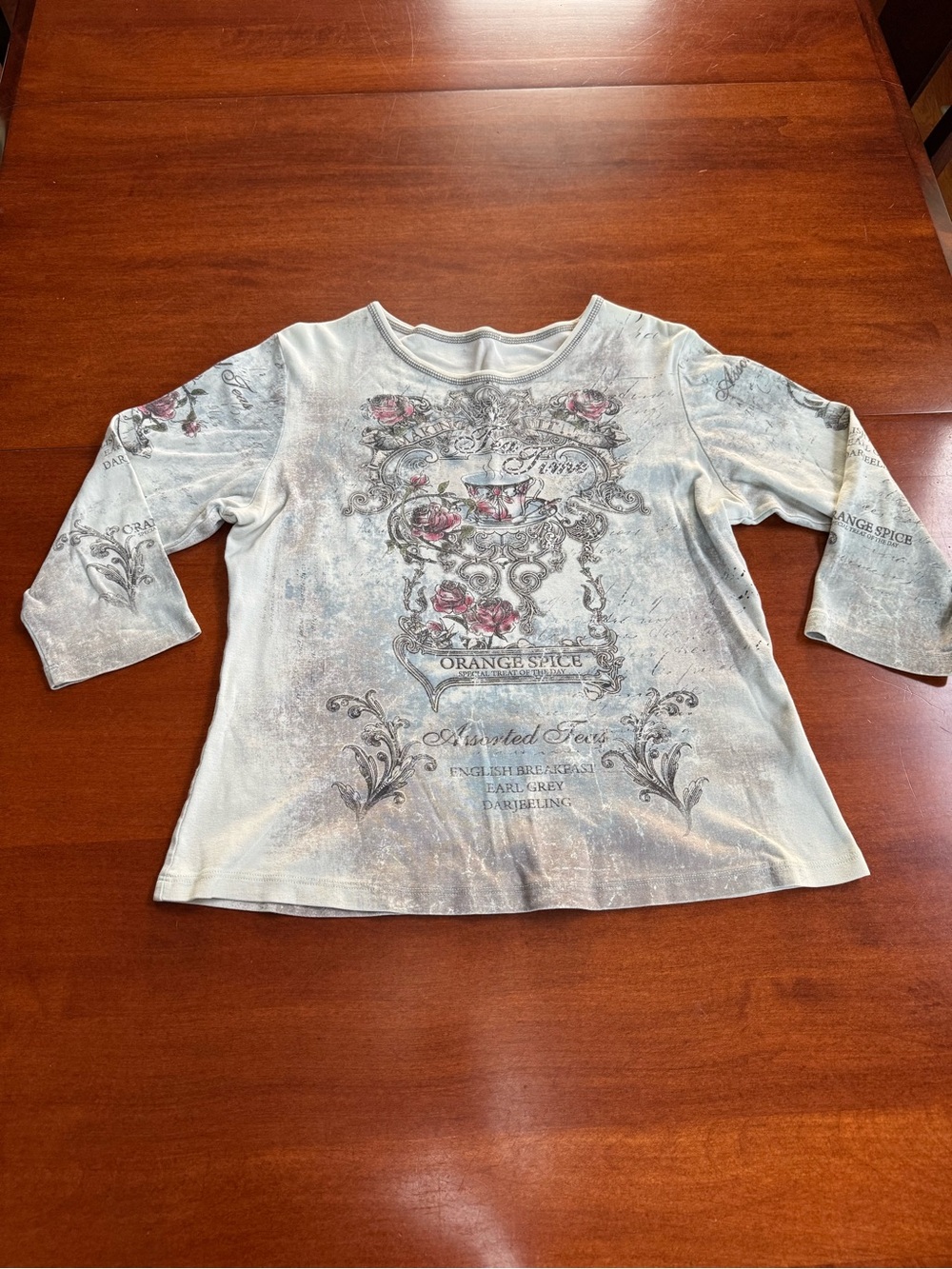 Y2K Tea Party Rhinestone Graphic Top Floral Victorian 3/4 Sleeve Womens M